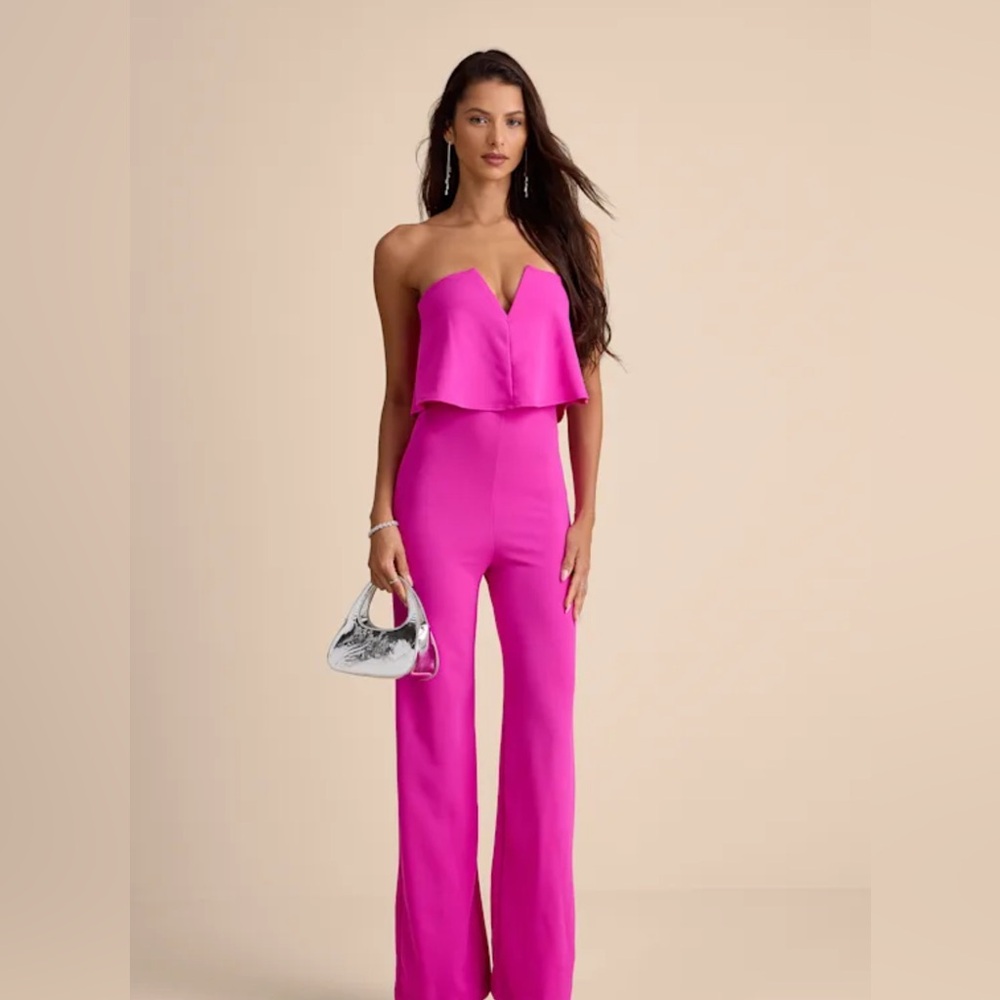 Lulu's Hot Pink Strapless Ruffle Jumpsuit